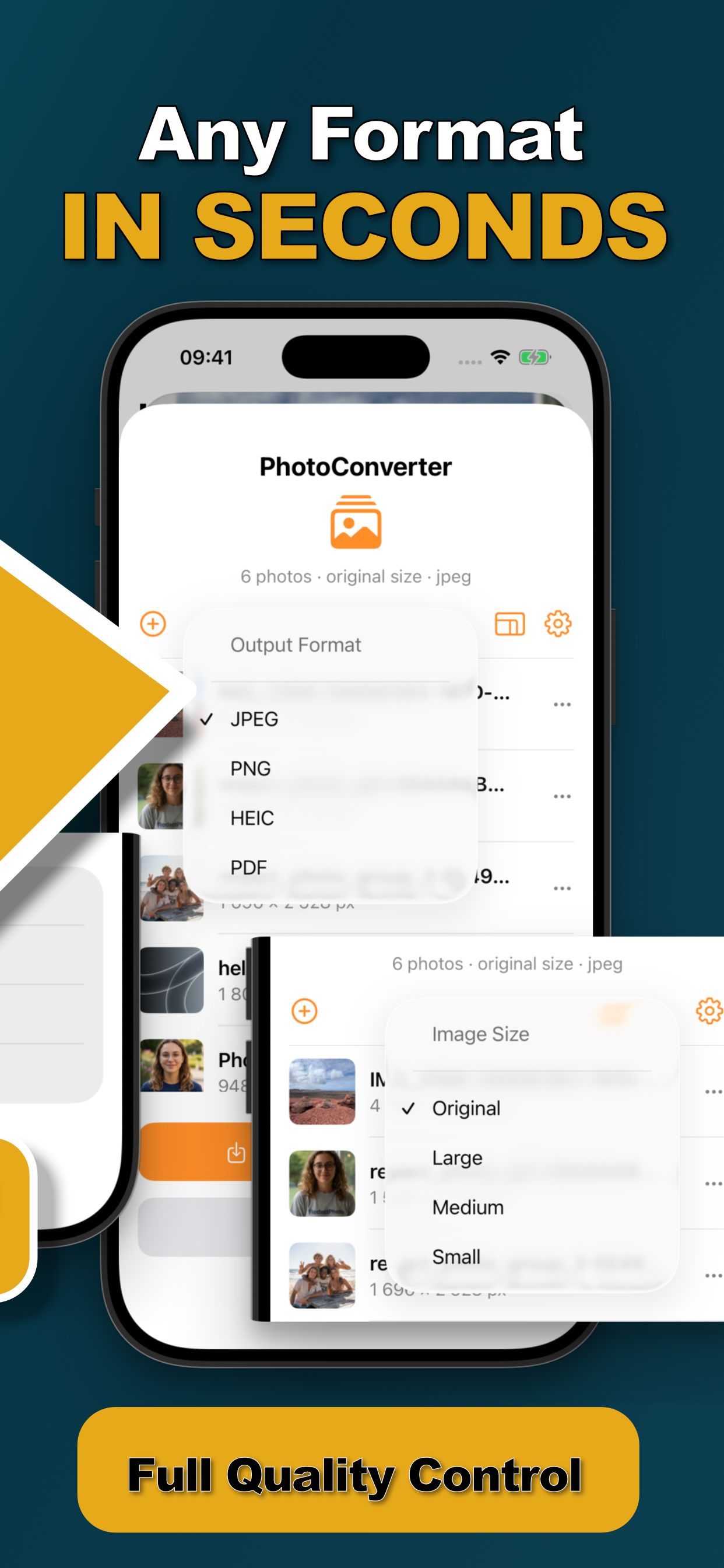 Choosing JPEG, PNG, HEIC or PDF output format and image size in Photo Converter for iPhone