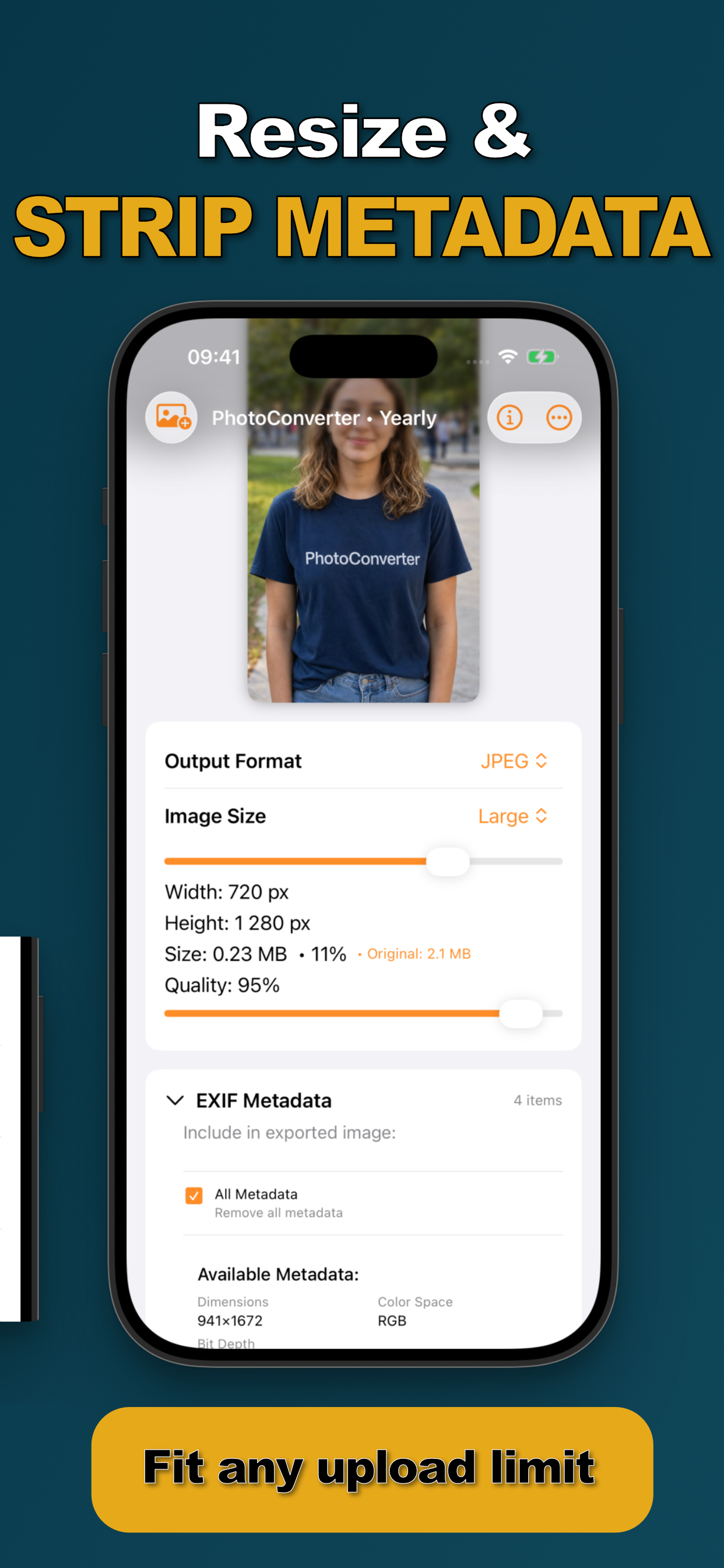 Resizing a photo to 0.23 MB with quality control and removing EXIF metadata in Photo Converter