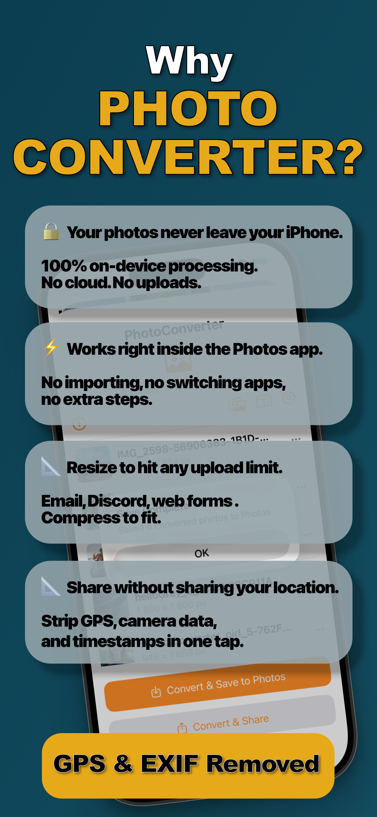 Photo Converter privacy features — on-device processing, upload-limit resizing, GPS and EXIF removal