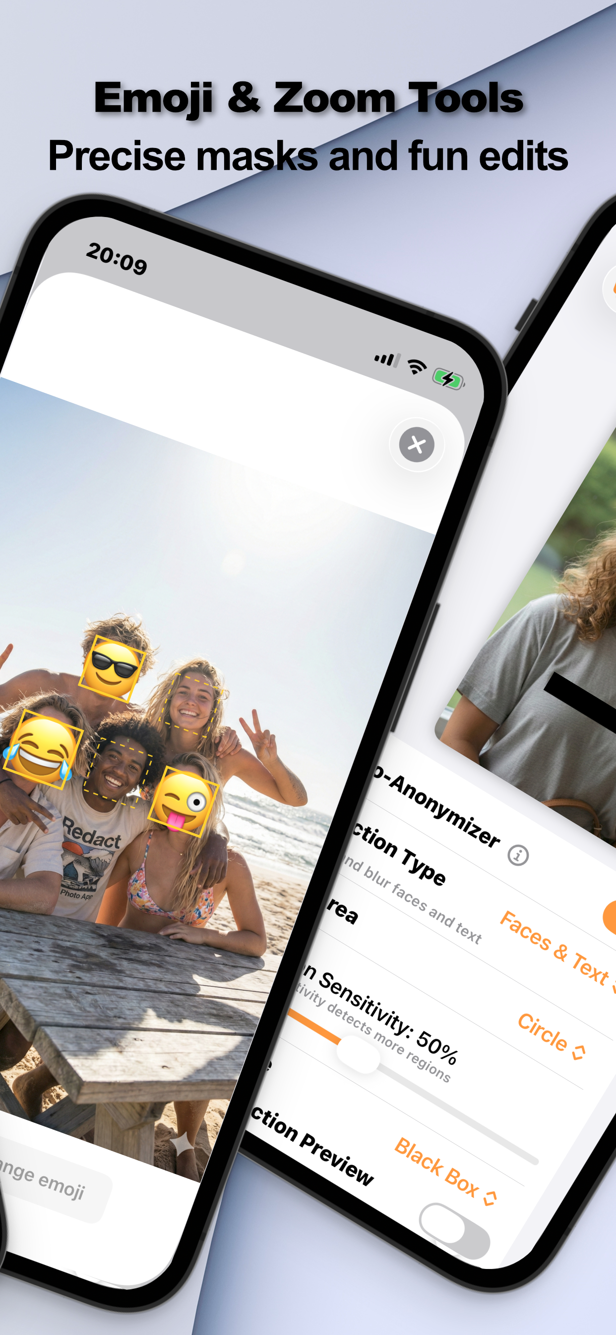 Emoji masks covering four faces in a group beach photo with detection sensitivity controls