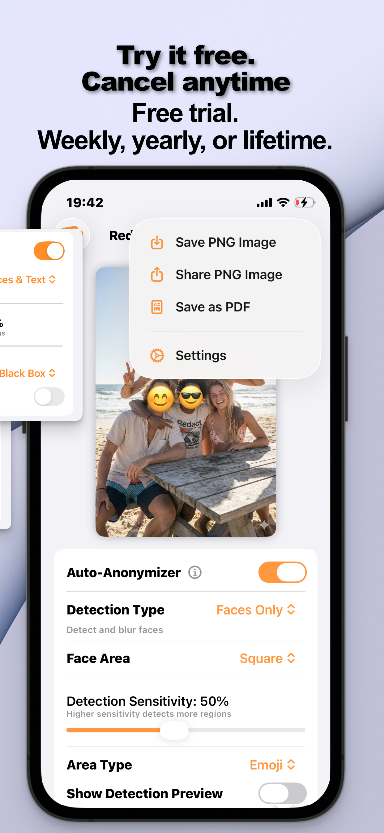 Save or share the redacted image as PNG or PDF with faces-only detection and emoji masking