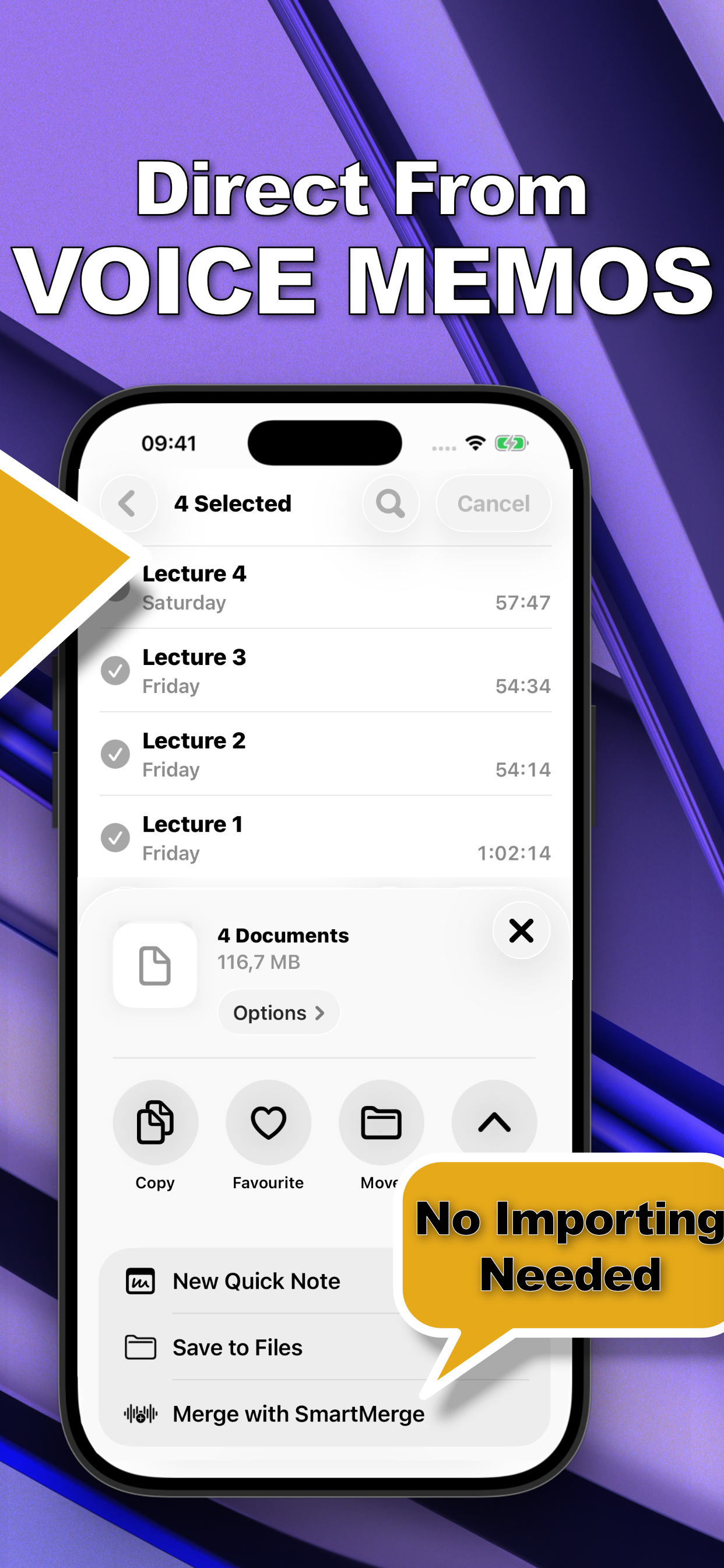 iPhone share sheet merging four voice memos directly from the Apple Voice Memos app with SmartMerge