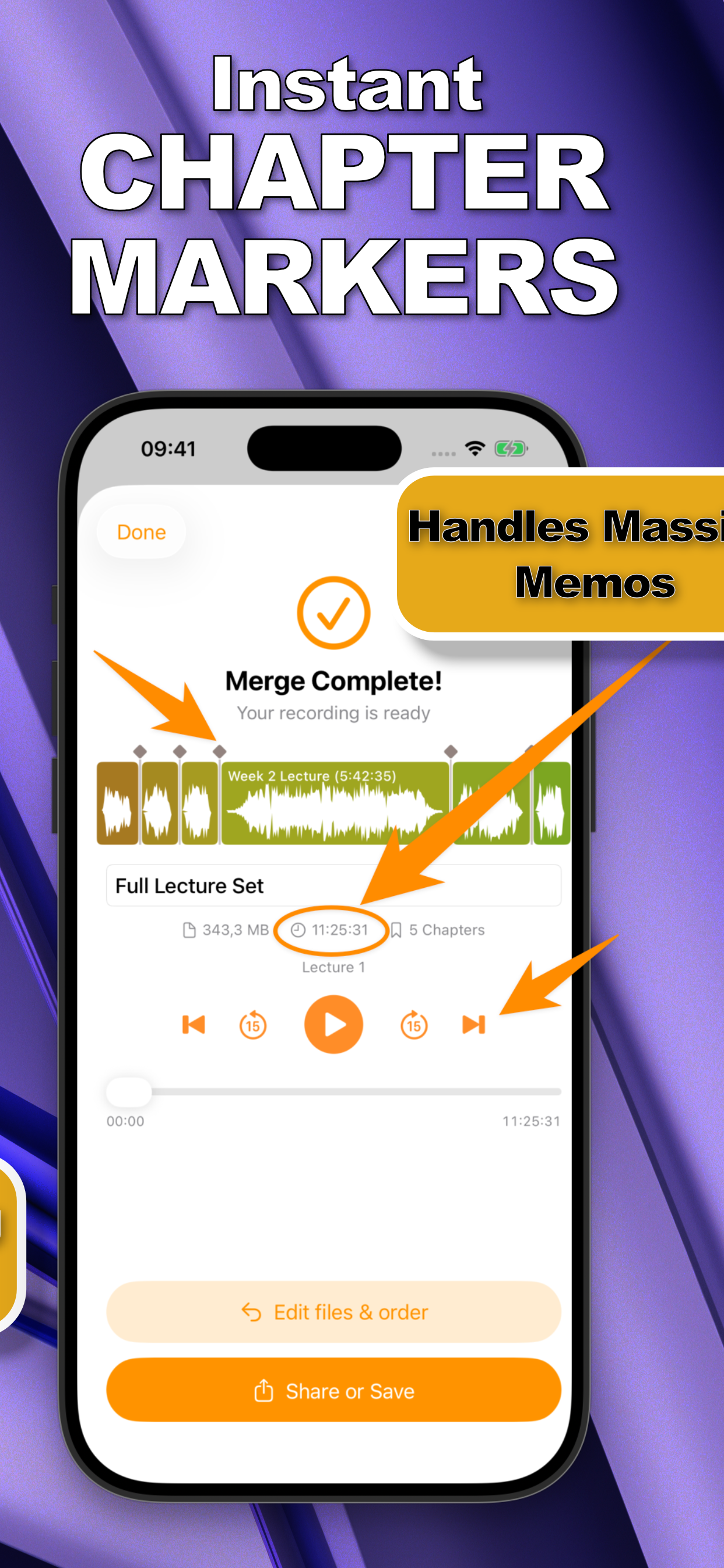 Merged 11-hour recording with automatic chapter markers on the SmartMerge merge complete screen